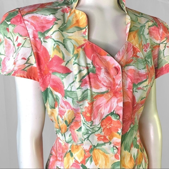 VINTAGE GARDANIA PARIS FLORAL  MULTICOLOUR BUTTON UP DRESS SHORT SLEEVES MEDIUM - Picture 14 of 17